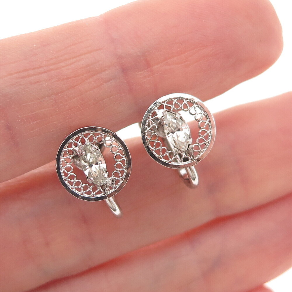 925 Sterling Silver Antique Art Deco Rhinestone Filigree Screw Back Earrings